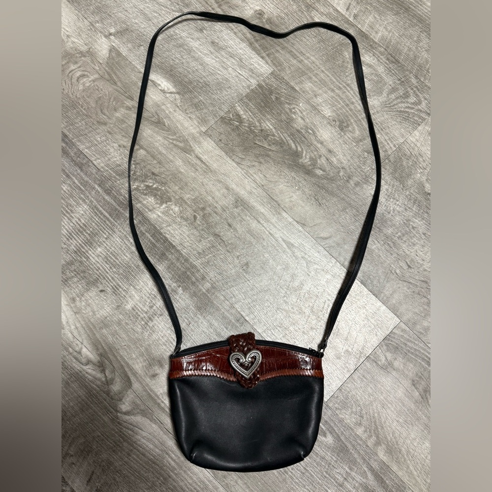 Vintage Brighton Leather Bag Small Black & Brown Crossbody Bag Heart Closure